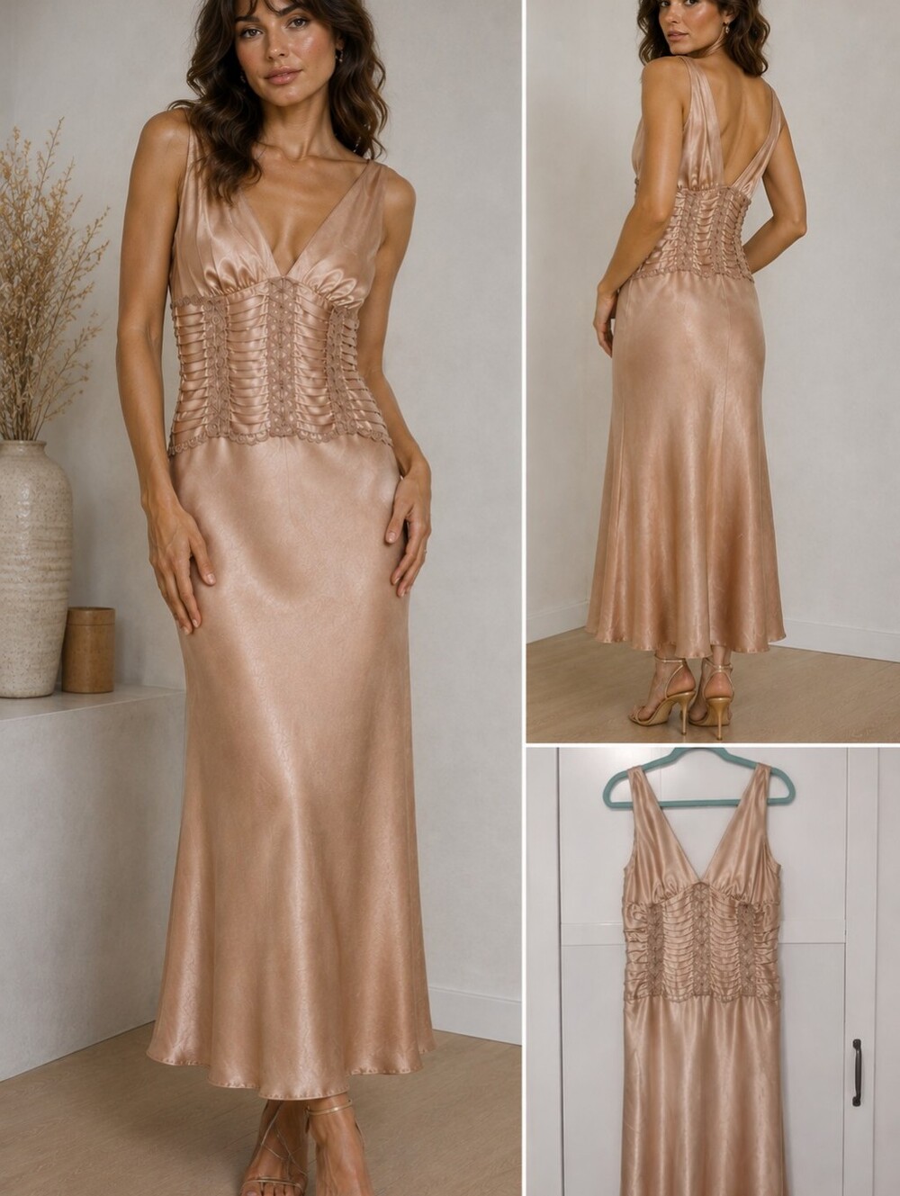 Jessica McClintock Vtg sz 12 8-10? Blush Gold Satin Dress Maxi Stunning Ai Model